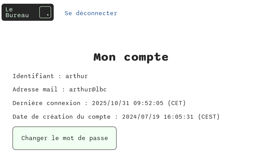 Capture d'écran de la page "Mon compte" avec des données de l'utilisateurice courante : identifiant, email, date de dernière connexion, date de création du compte, un bouton "change le mot de passe"